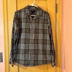 Fox Racing Men’s Button Front shirt in olive green and baby blue plaid medium